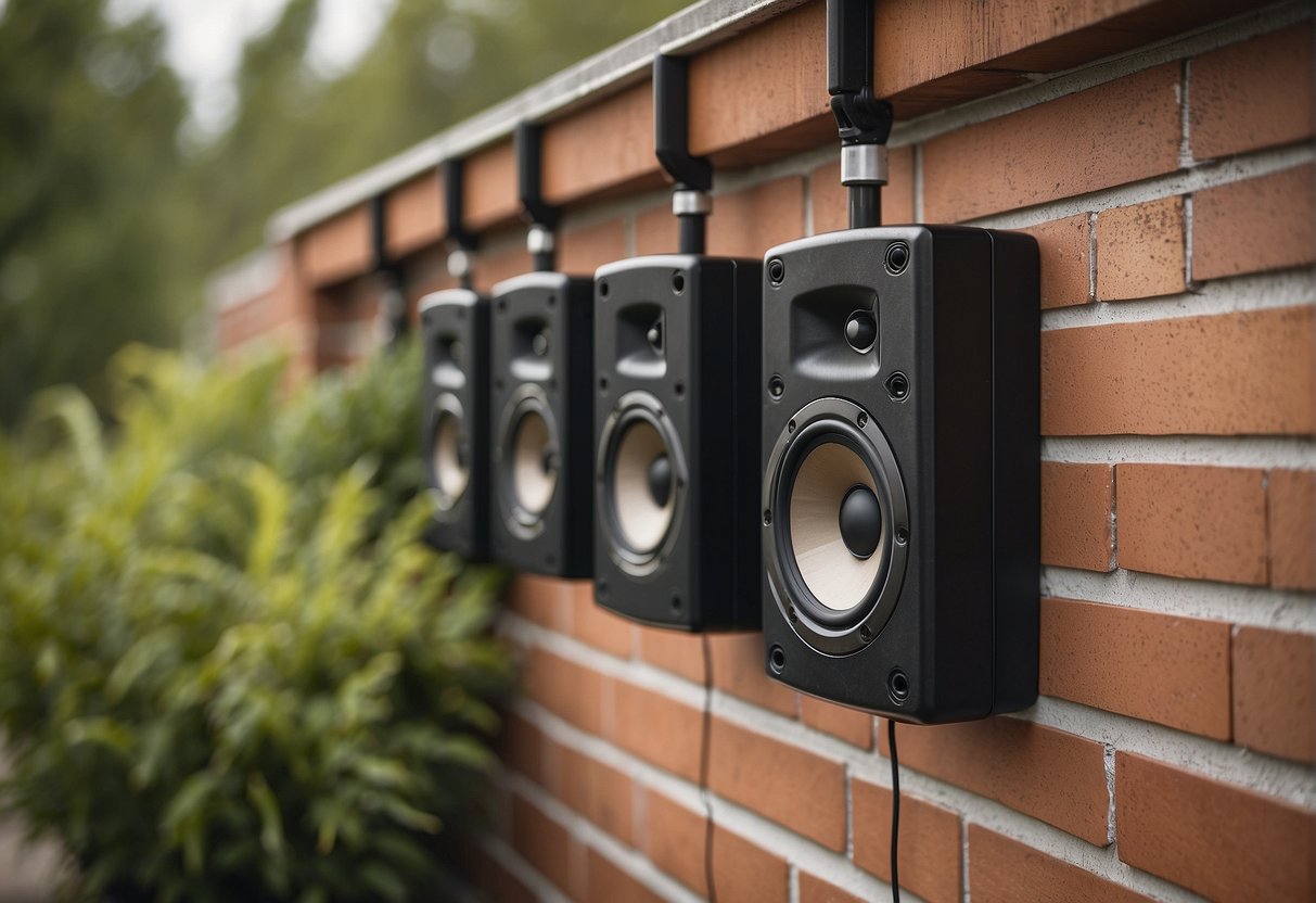 Outdoor speakers being mounted on a wall with weatherproof sealant applied to the connections for protection against the elements