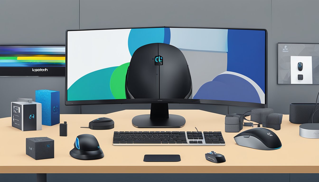 A Logitech G Pro Wireless mouse sits on a sleek display stand at a Best Buy store, surrounded by other gaming accessories