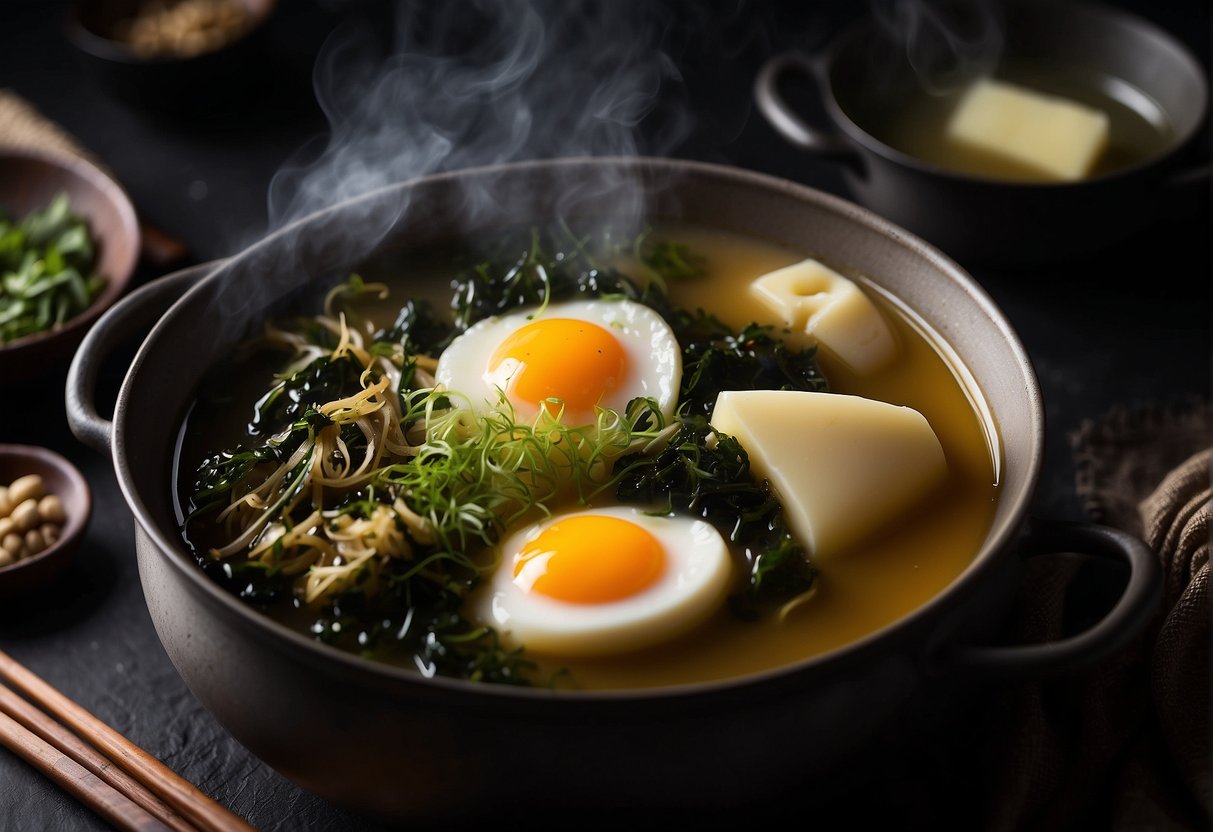 A pot simmering with seaweed, eggs, and savory broth. Chopsticks resting on the edge. Steam rising