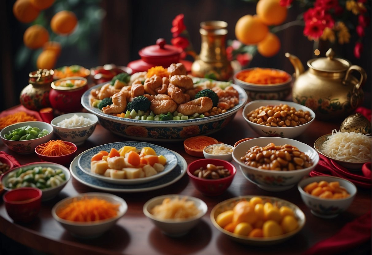 A table adorned with colorful decorations, filled with an elaborate display of pen cai ingredients, showcasing the cultural significance and variations of the Chinese New Year dish