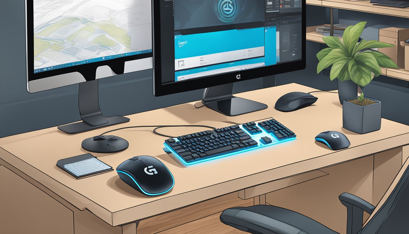 A computer desk with a Logitech G Pro Wireless mouse and a Best Buy logo in the background