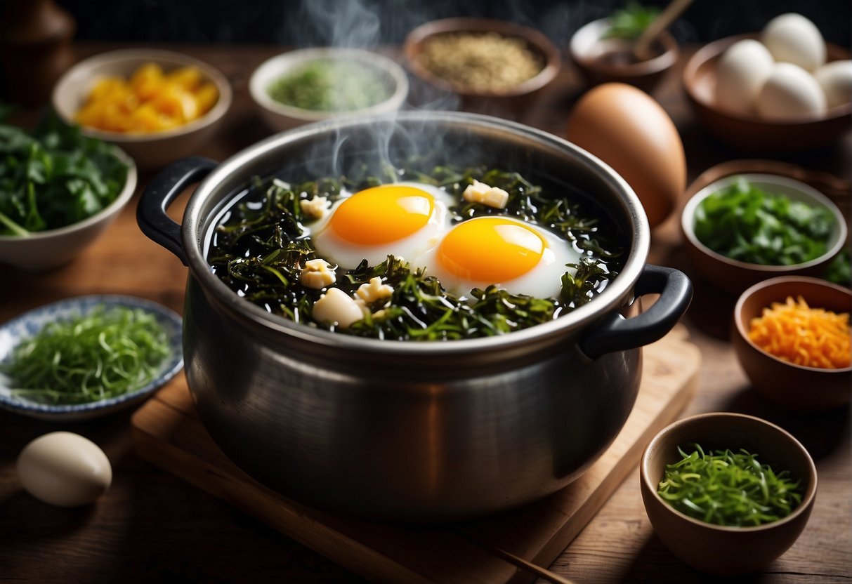 A pot of boiling water with seaweed and eggs being added, surrounded by traditional Chinese cooking ingredients