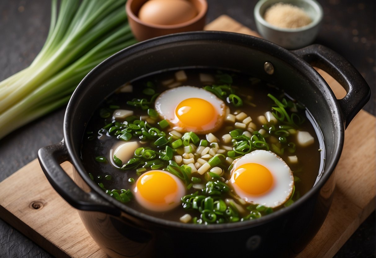 A pot of boiling seaweed broth with floating beaten eggs and garnished with green onions and sesame oil