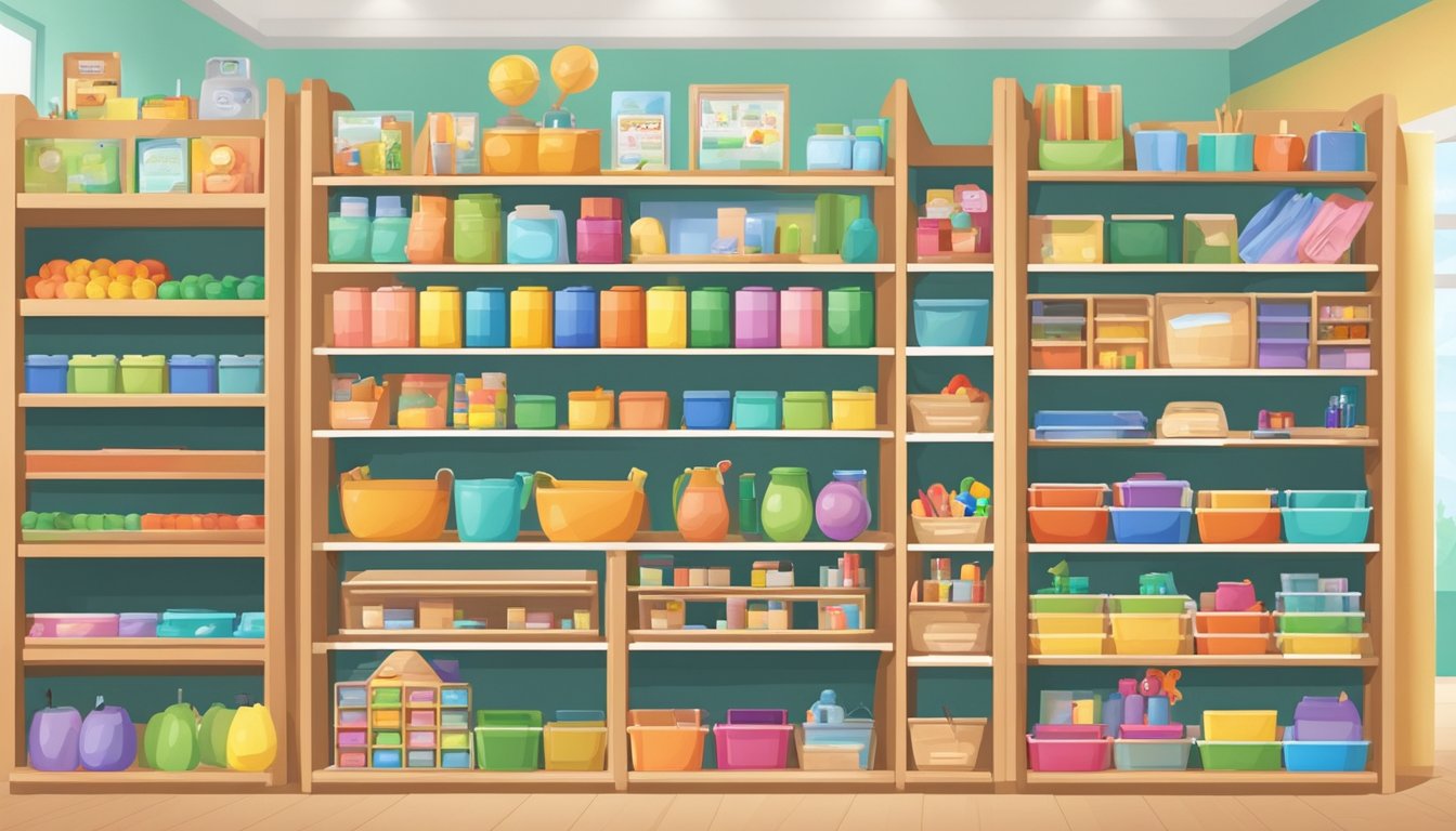 A bright, organized Montessori materials store in Singapore, with shelves neatly displaying educational tools and toys for young learners