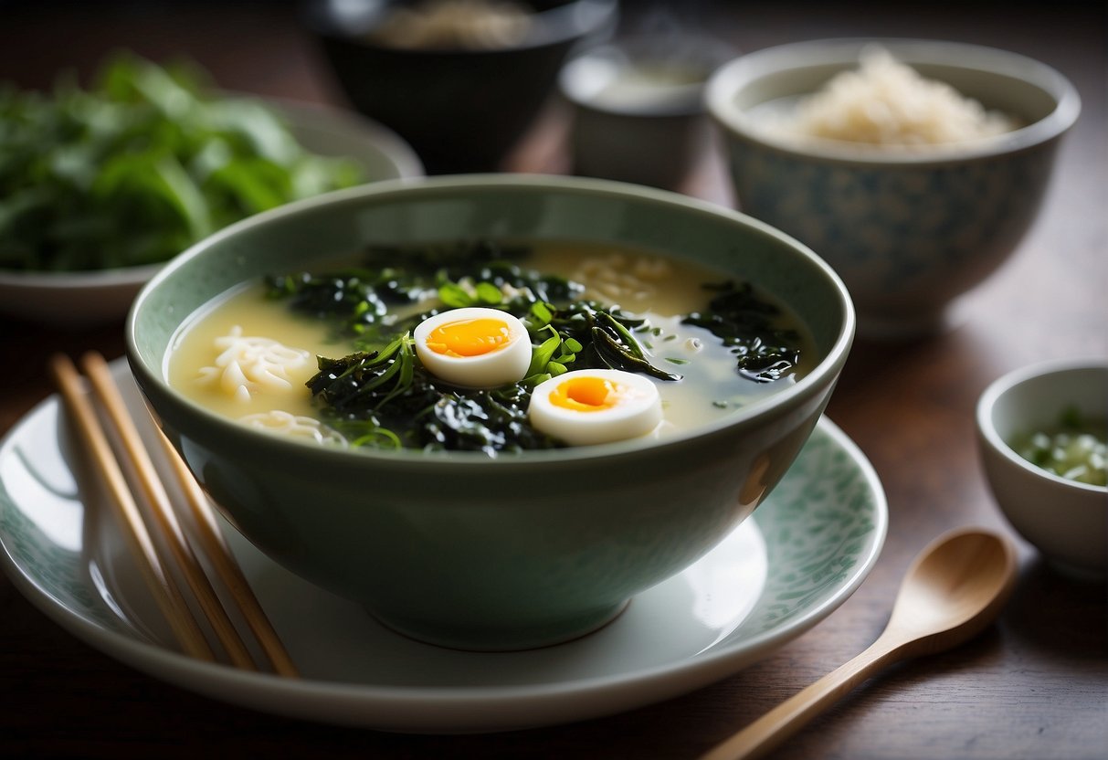 A steaming bowl of seaweed egg soup is placed on the table, with chopsticks resting beside it. Steam rises from the bowl, and the aroma of the soup fills the room