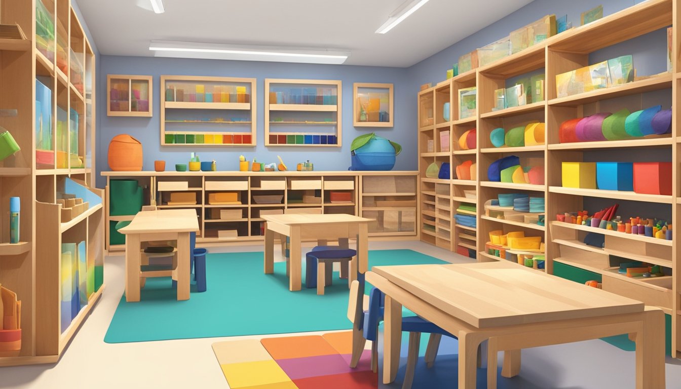 A spacious, well-lit showroom displays a variety of Montessori materials, neatly arranged on shelves. The vibrant colors and natural textures of the educational tools create an inviting atmosphere for young learners