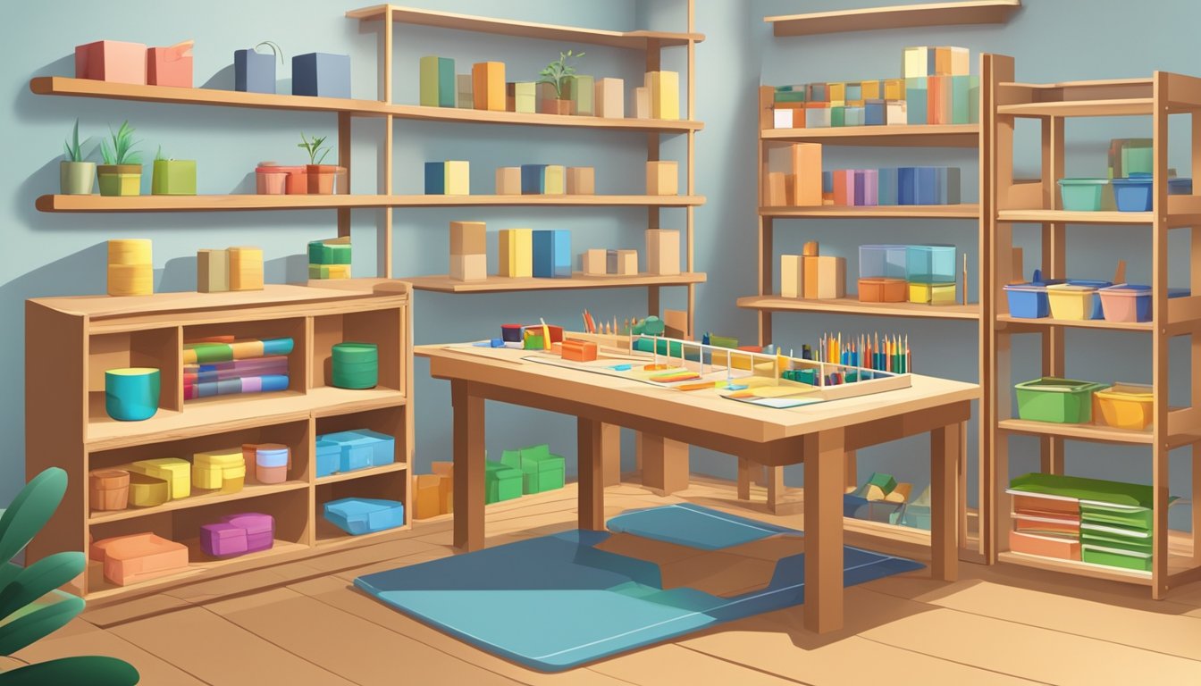 A table with Montessori materials neatly organized, surrounded by shelves stocked with educational tools. A sign indicating the quality and suitability of the materials