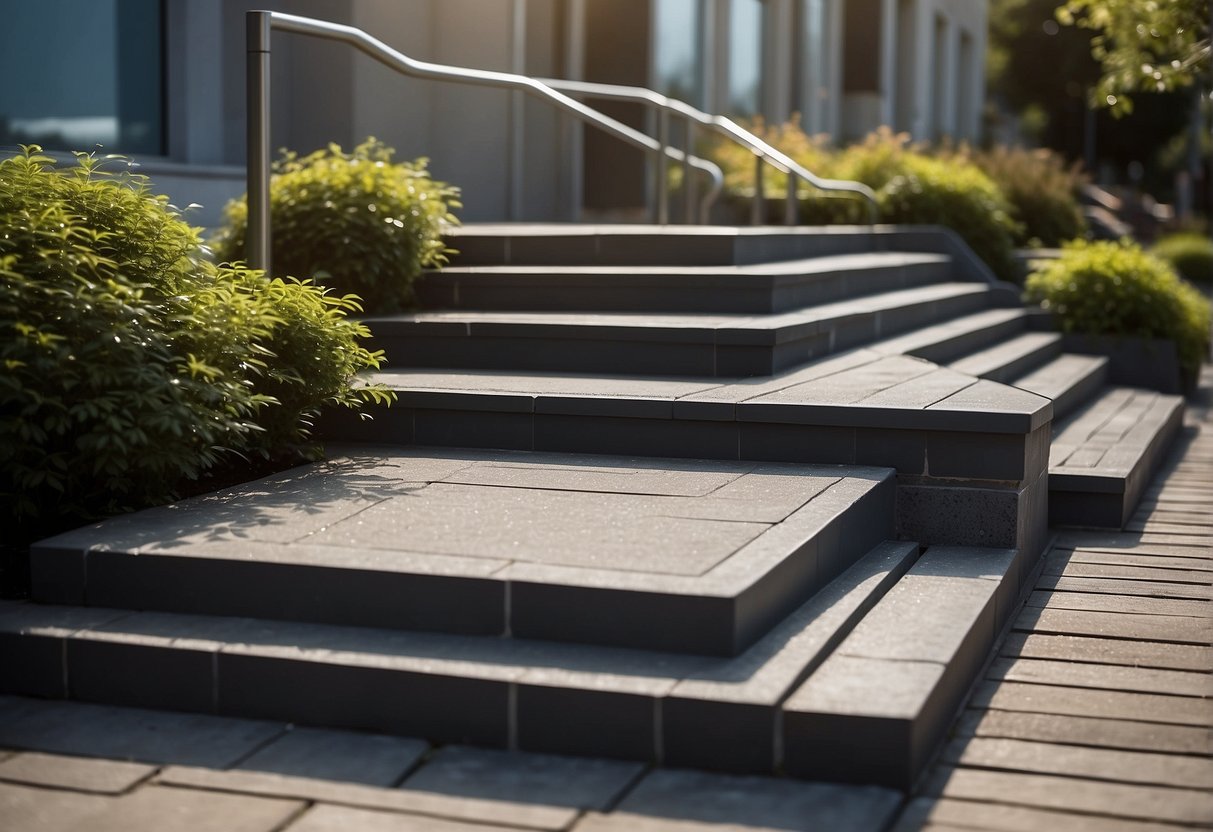 A set of outdoor stairs with non-slip, weather-resistant treads made of materials like concrete, stone, or composite decking. Lighting and handrails for safety