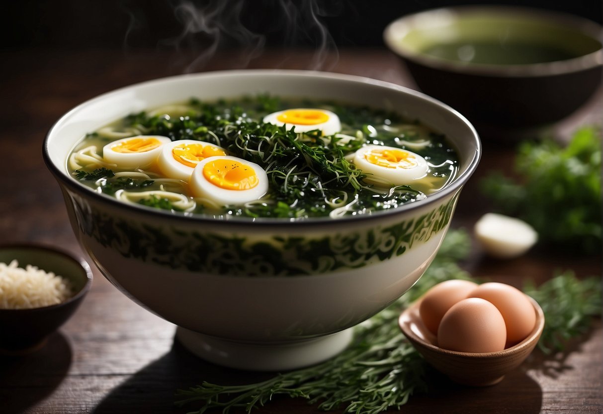 A steaming bowl of seaweed egg soup sits on a table, with chopsticks resting on the side. The soup is garnished with green seaweed and thin slices of egg floating on the surface