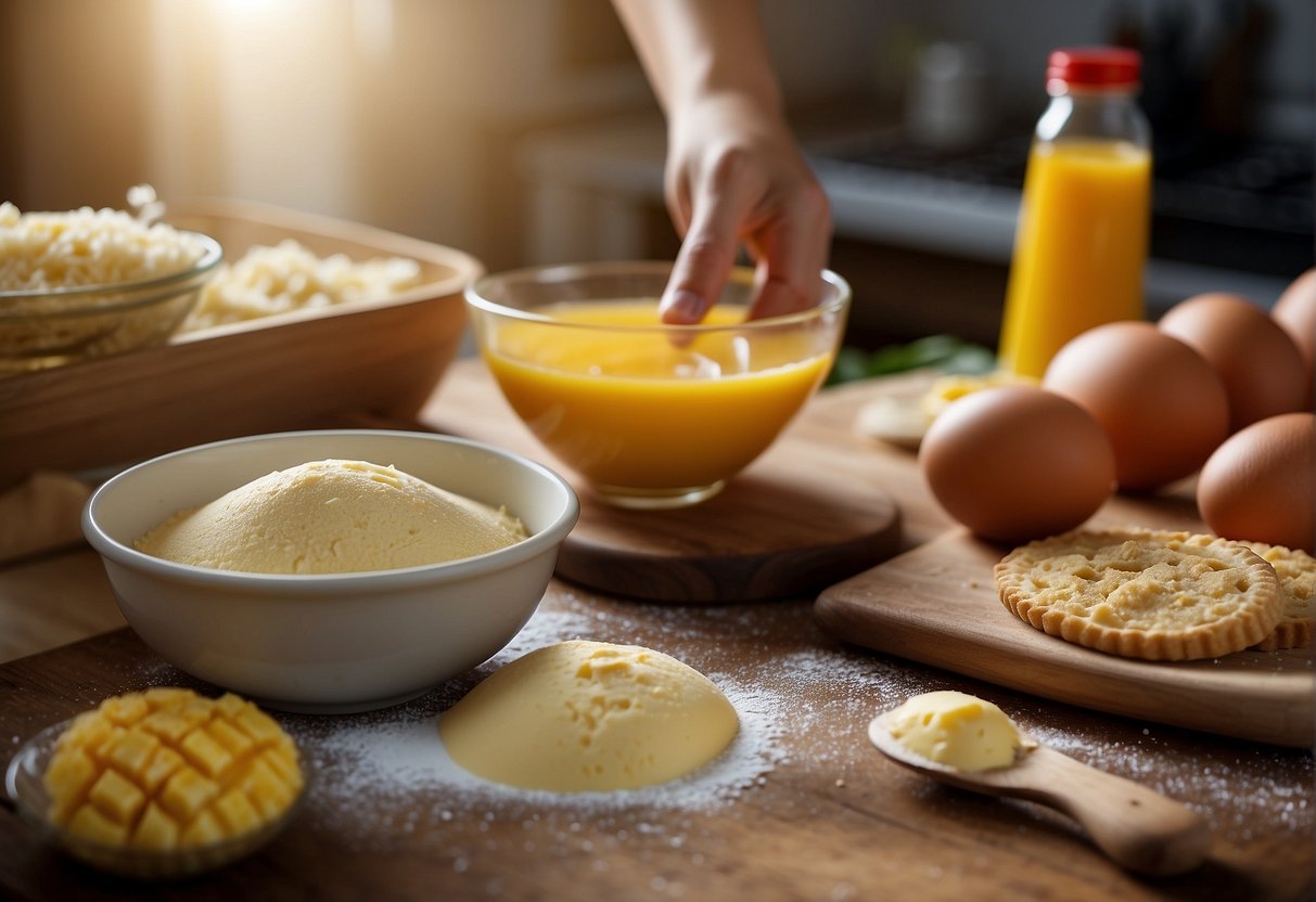 A table filled with ingredients - flour, butter, sugar, eggs, and pineapple jam. A rolling pin and cookie cutters lay nearby. A woman mixes dough in a bowl, preparing to shape the tarts