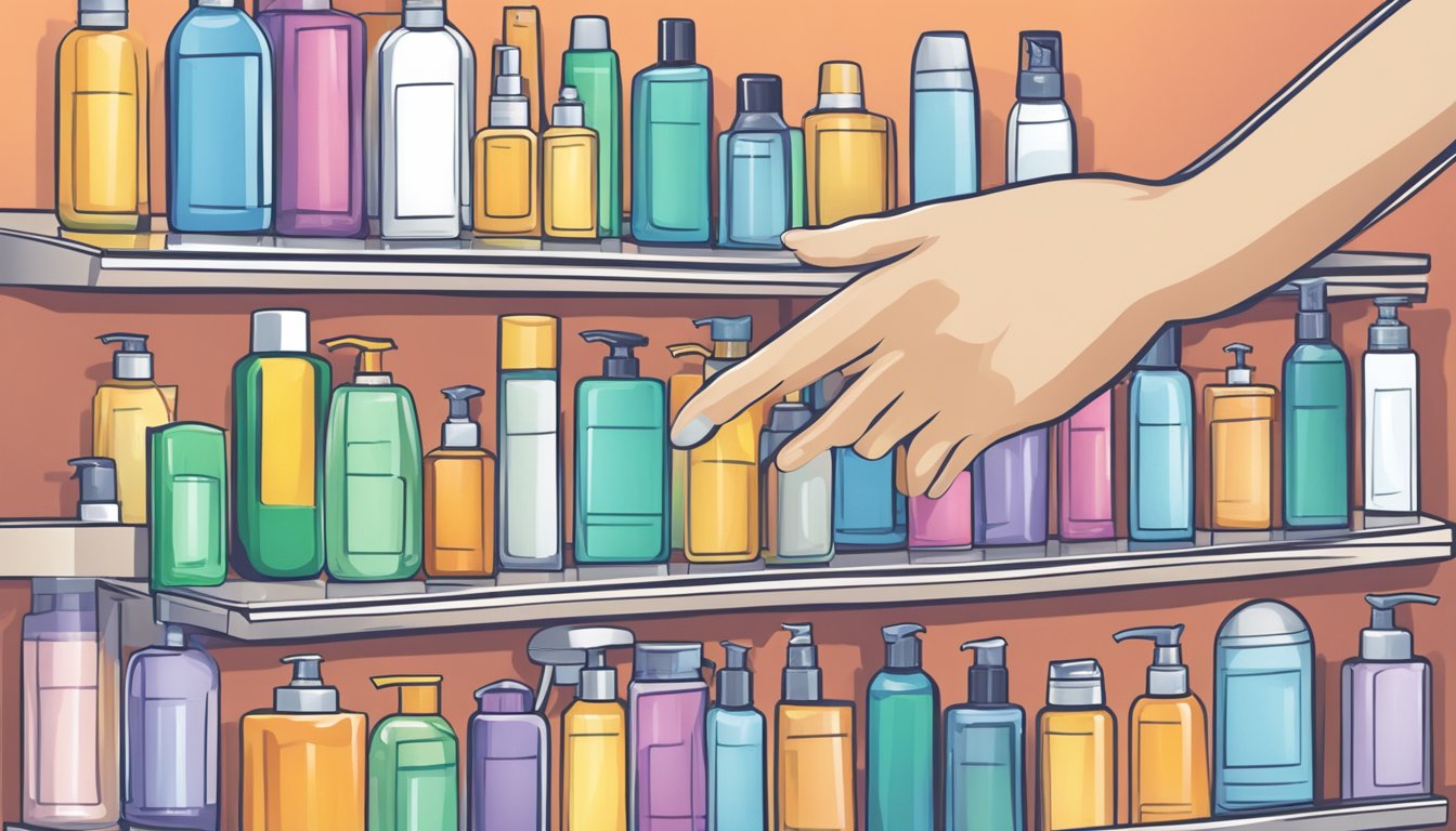 A hand reaches for a variety of shampoo and conditioner bottles on a virtual shopping website