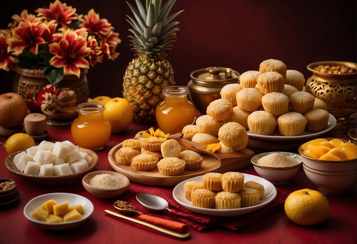 A table set with ingredients and tools for making Chinese New Year pineapple tarts, with a traditional red and gold color scheme