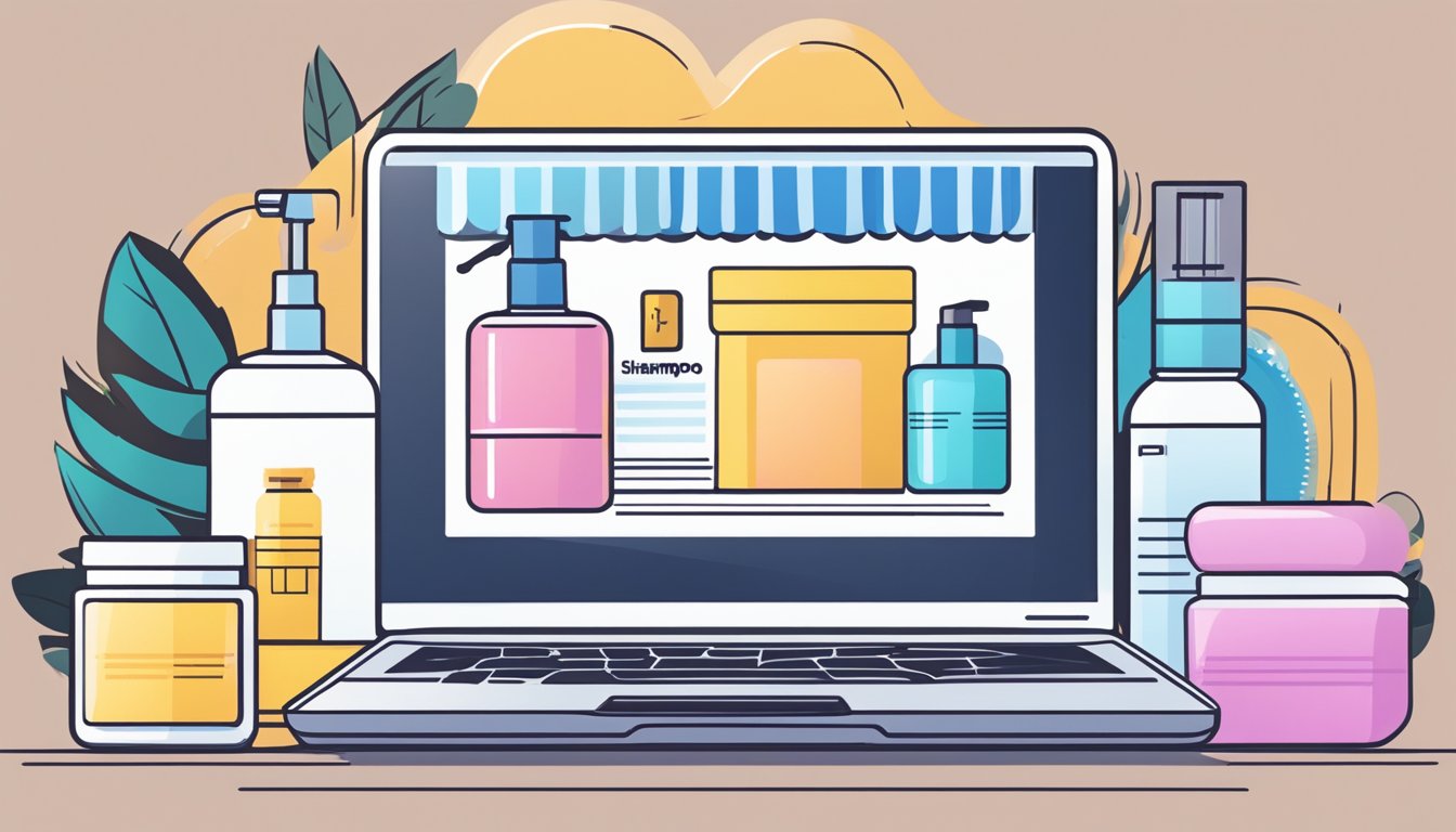 A laptop displaying an online store with various hair products. A bottle of shampoo and conditioner with a "buy now" button highlighted