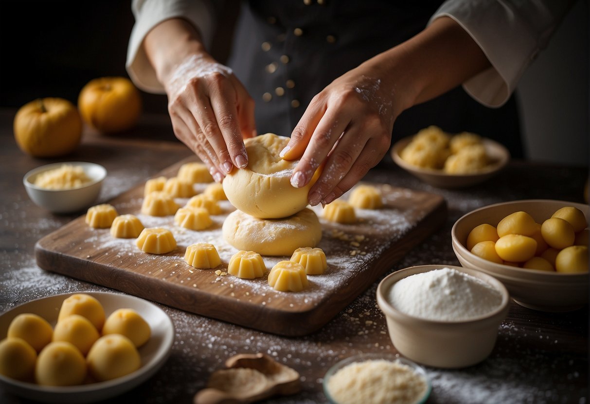 A pair of hands expertly mixes flour, butter, and sugar to create the perfect tart dough for Chinese New Year pineapple tarts