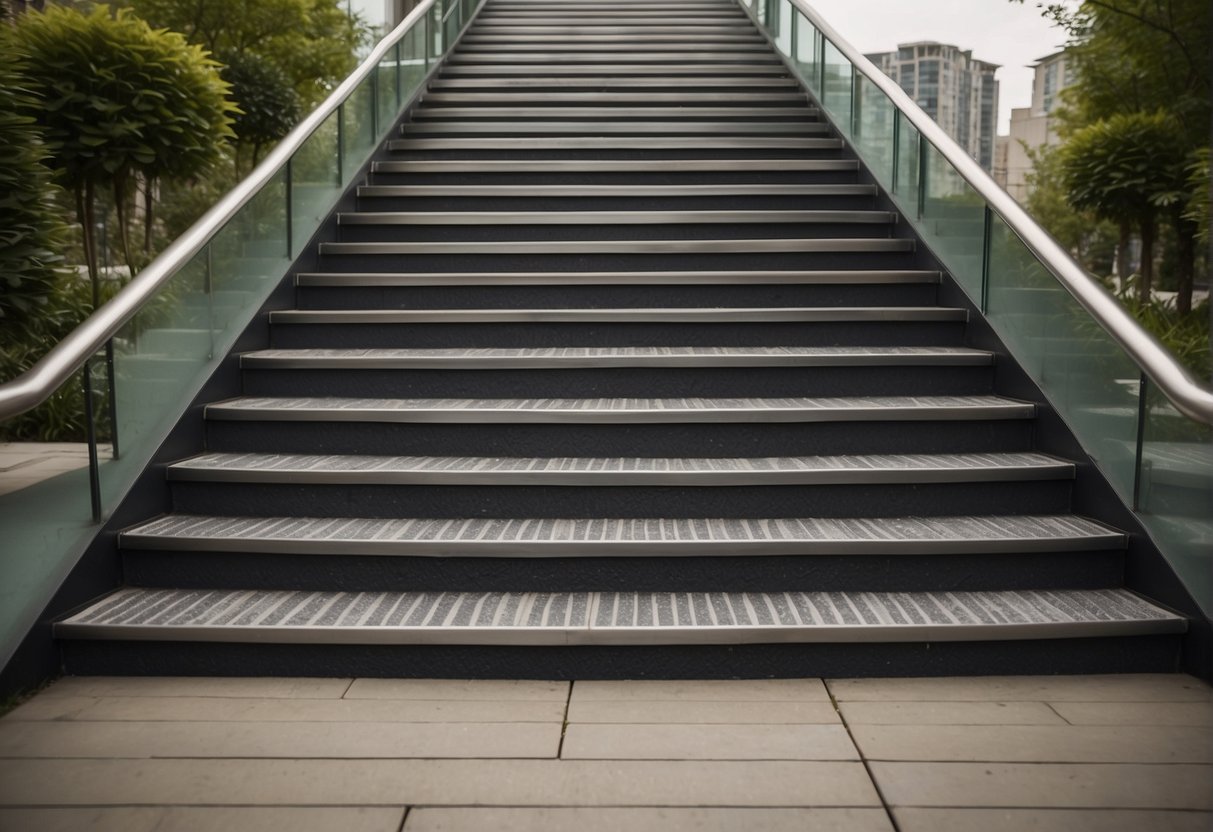 Outdoor stair treads made of non-slip material, meeting building codes and regulations. Sturdy handrails and proper lighting for safety