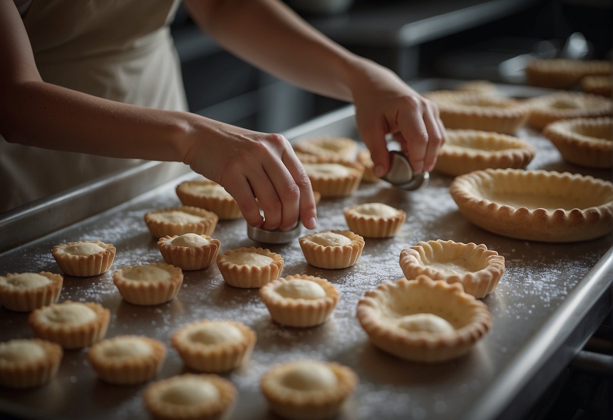 A table set with ingredients, a rolling pin, and a pastry cutter. A pair of hands rolling dough and shaping it into small tarts. A tray of tarts ready to be baked in the oven