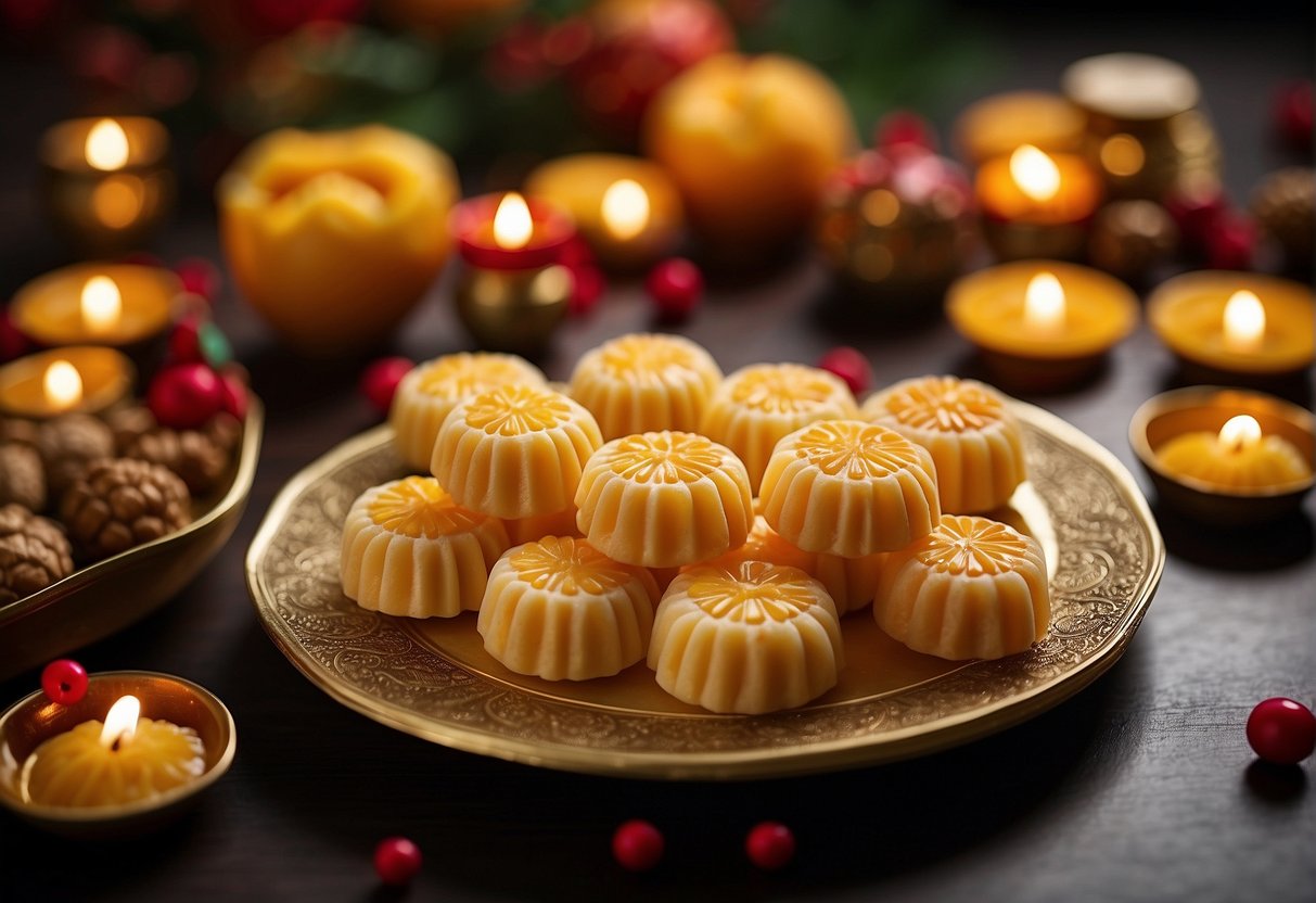 A table with neatly arranged pineapple tarts in a festive setting, surrounded by traditional Chinese New Year decorations