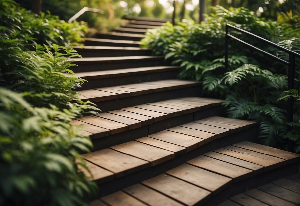 Outdoor stair treads made from recycled rubber, wood, or composite materials, surrounded by lush greenery and natural elements