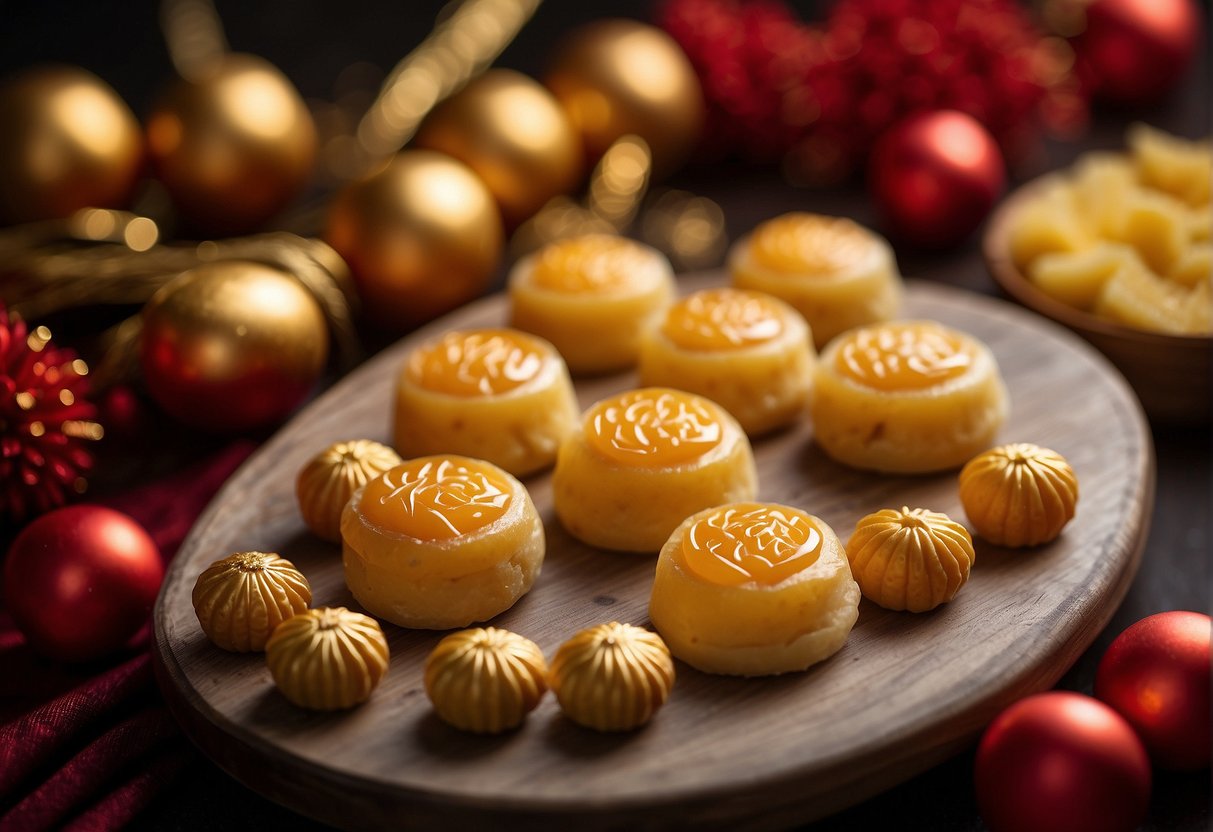 A table set with freshly baked pineapple tarts, surrounded by vibrant red and gold decorations for Chinese New Year