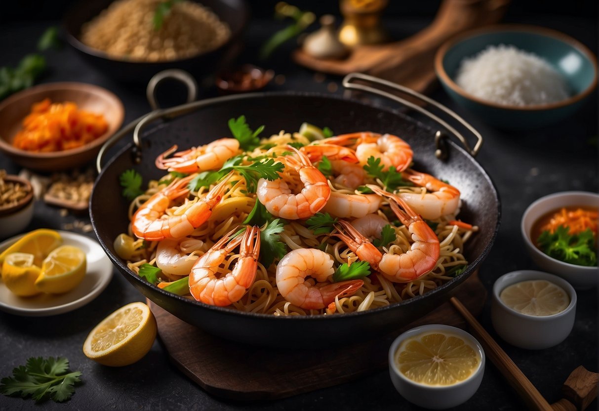 A table set with various ingredients like prawns, garlic, ginger, and soy sauce. A wok sizzling with prawns being stir-fried, surrounded by festive decorations for Chinese New Year