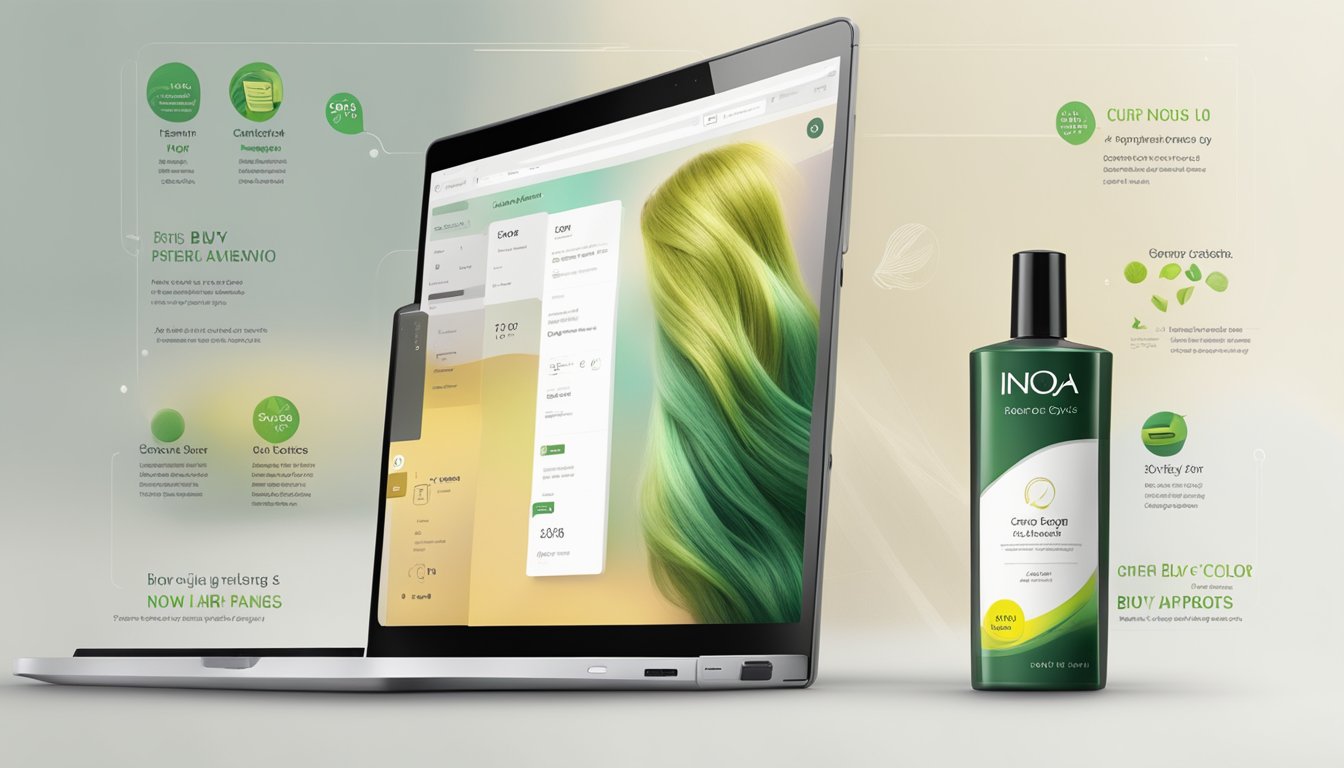A computer screen displaying the INOA hair color product page with a "buy now" button highlighted
