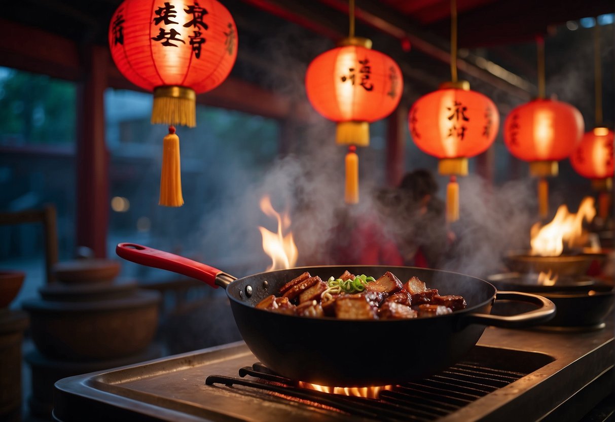 A sizzling wok cooks caramelized pork belly with soy sauce, ginger, and garlic. Red lanterns hang in the background, symbolizing good luck for Chinese New Year