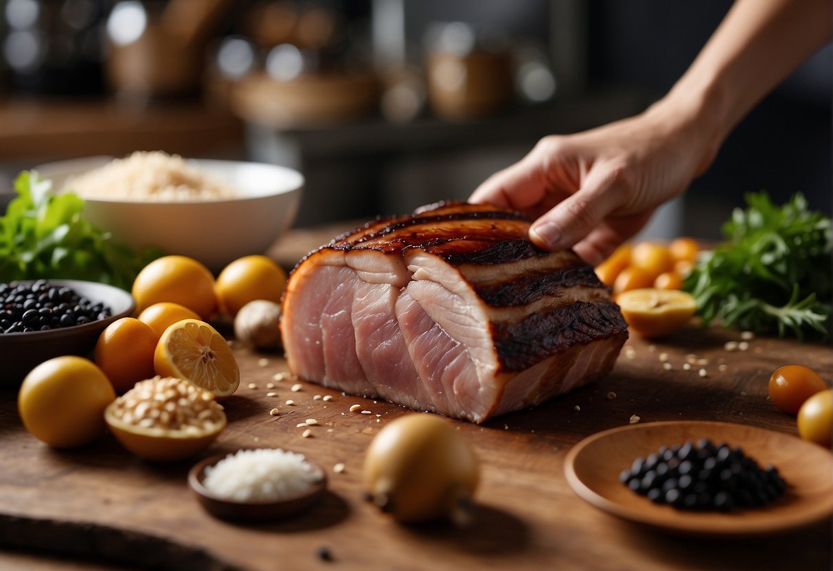 A hand reaches for a plump pork belly, carefully inspecting its marbling and thickness. Surrounding ingredients like soy sauce, ginger, and star anise are neatly arranged on the kitchen counter