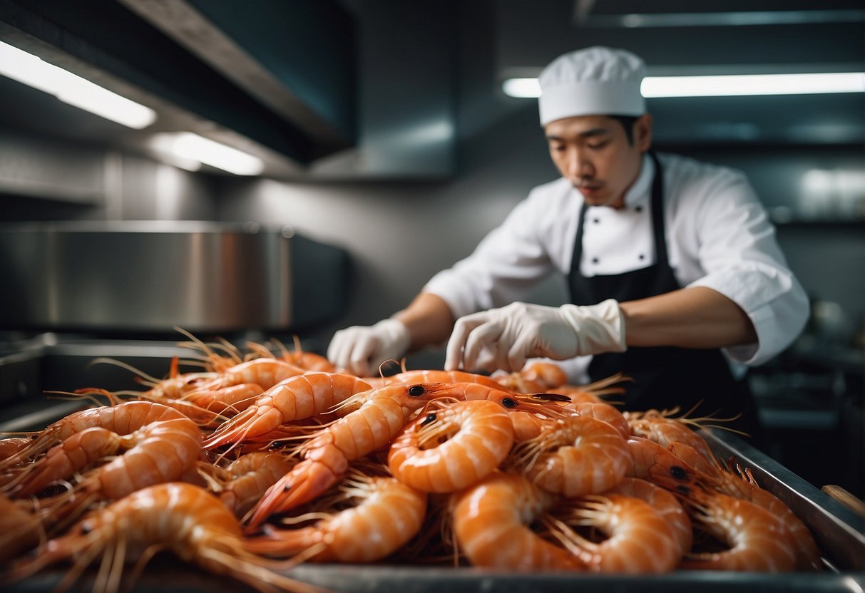 A chef carefully selects the best prawns from a pile, preparing for Chinese New Year prawn recipes