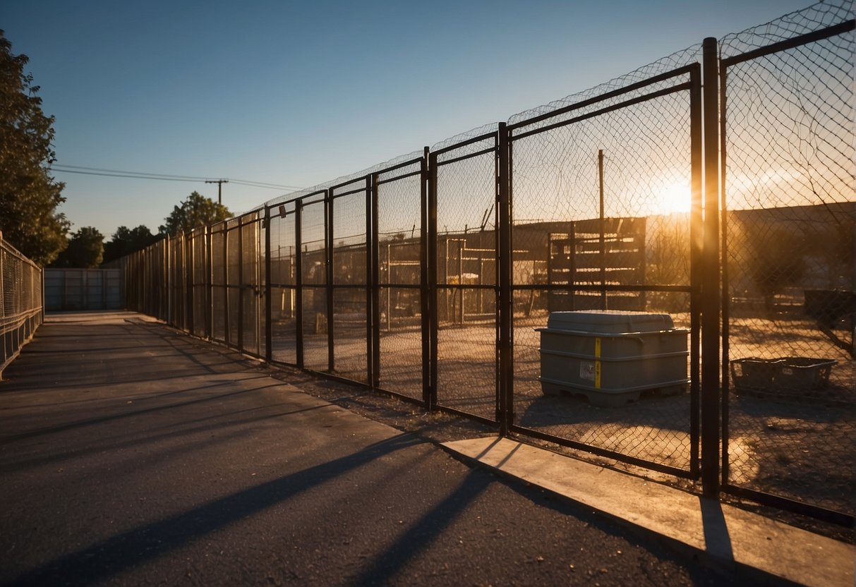 A secure outdoor storage area holds ammunition crates. Metal fencing and warning signs surround the area. Lighting and surveillance cameras provide security