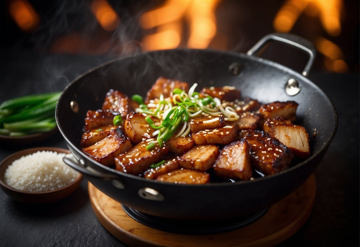 Sizzling pork belly in a wok with ginger, garlic, and soy sauce. Surrounding ingredients like star anise, sugar, and green onions