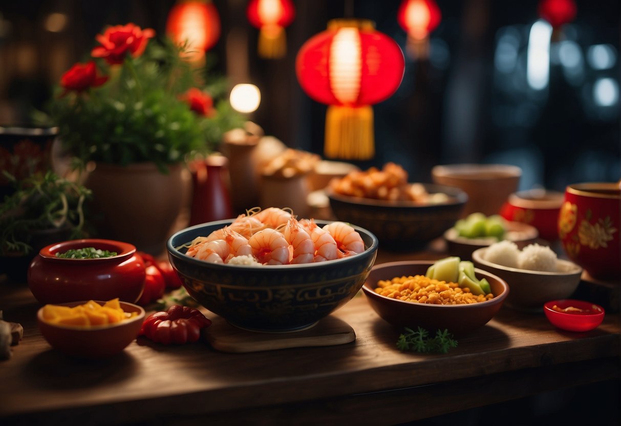 A table filled with vibrant ingredients like ginger, garlic, soy sauce, and fresh prawns. Red lanterns hang in the background, adding a festive touch to the scene