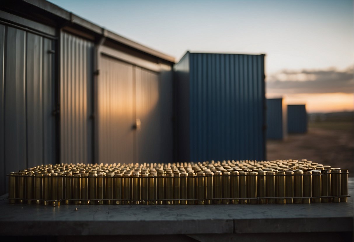 Outdoor storage area holds ammunition. Surroundings are open, with clear skies and minimal vegetation. Security measures are present