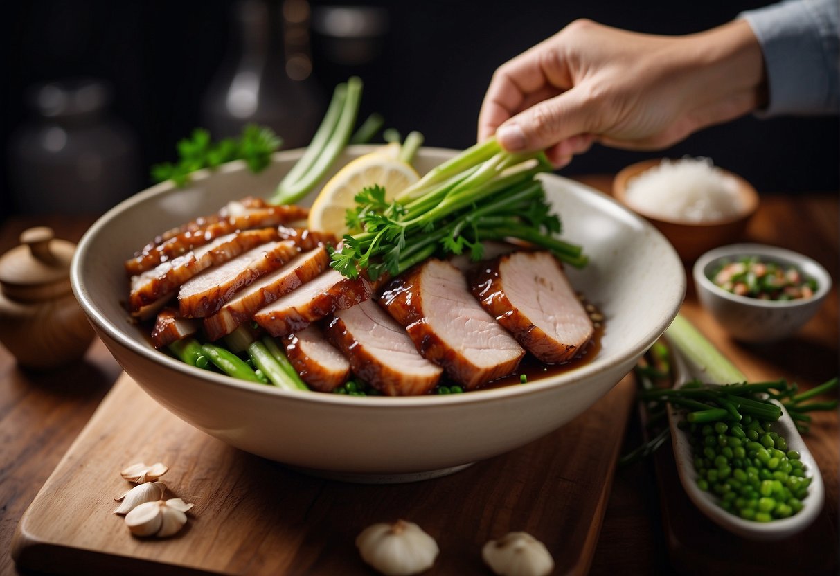 Pork belly being marinated with soy sauce, ginger, and spices in a large bowl. Garlic and scallions being chopped on a cutting board
