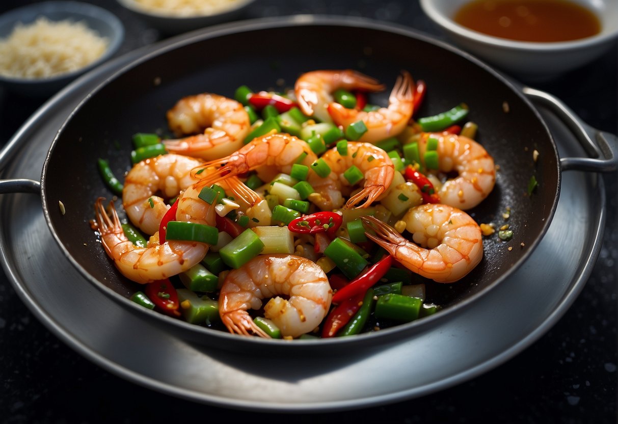 A wok sizzles with marinated prawns, ginger, and garlic. A chef adds soy sauce and sesame oil, creating a fragrant aroma. Green onions and chili peppers are sprinkled in, adding color and heat