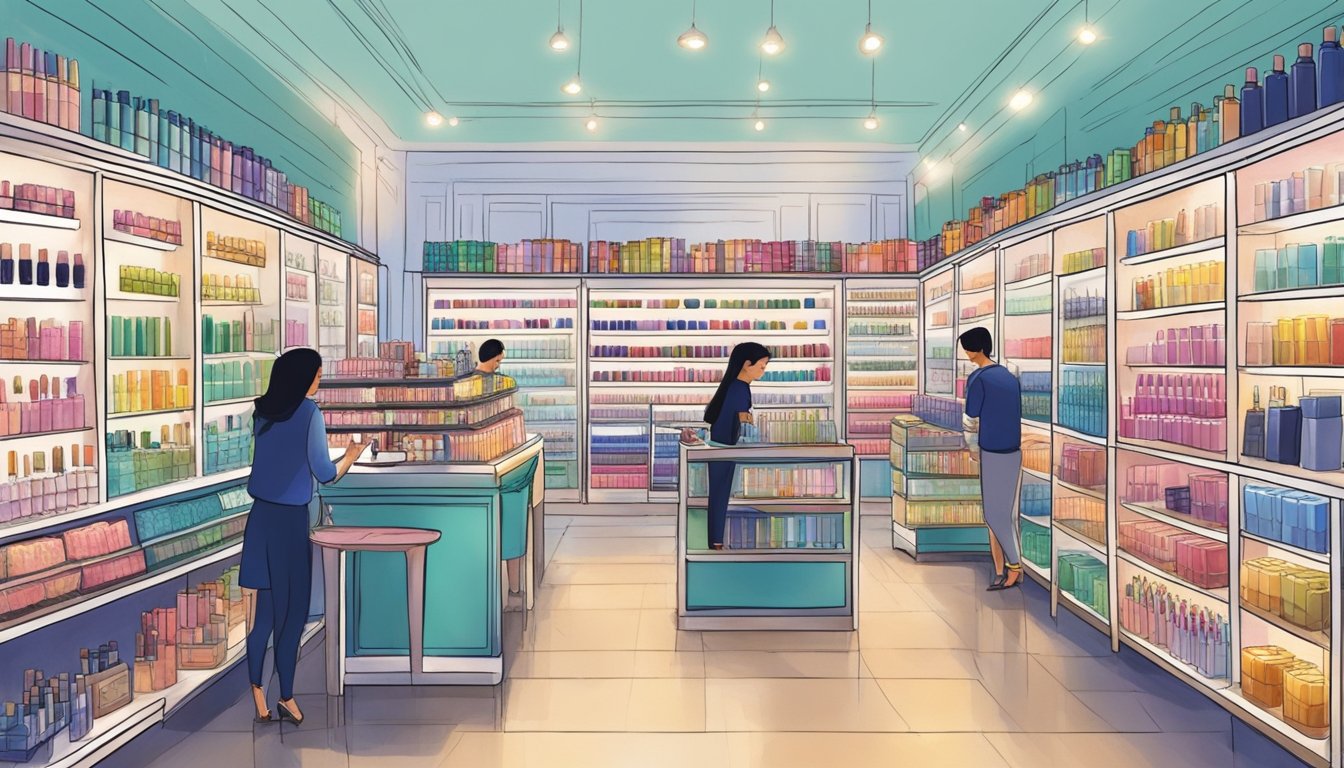 A bustling makeup store in Singapore, shelves lined with colorful Majolica Majorca products, customers browsing and trying out samples