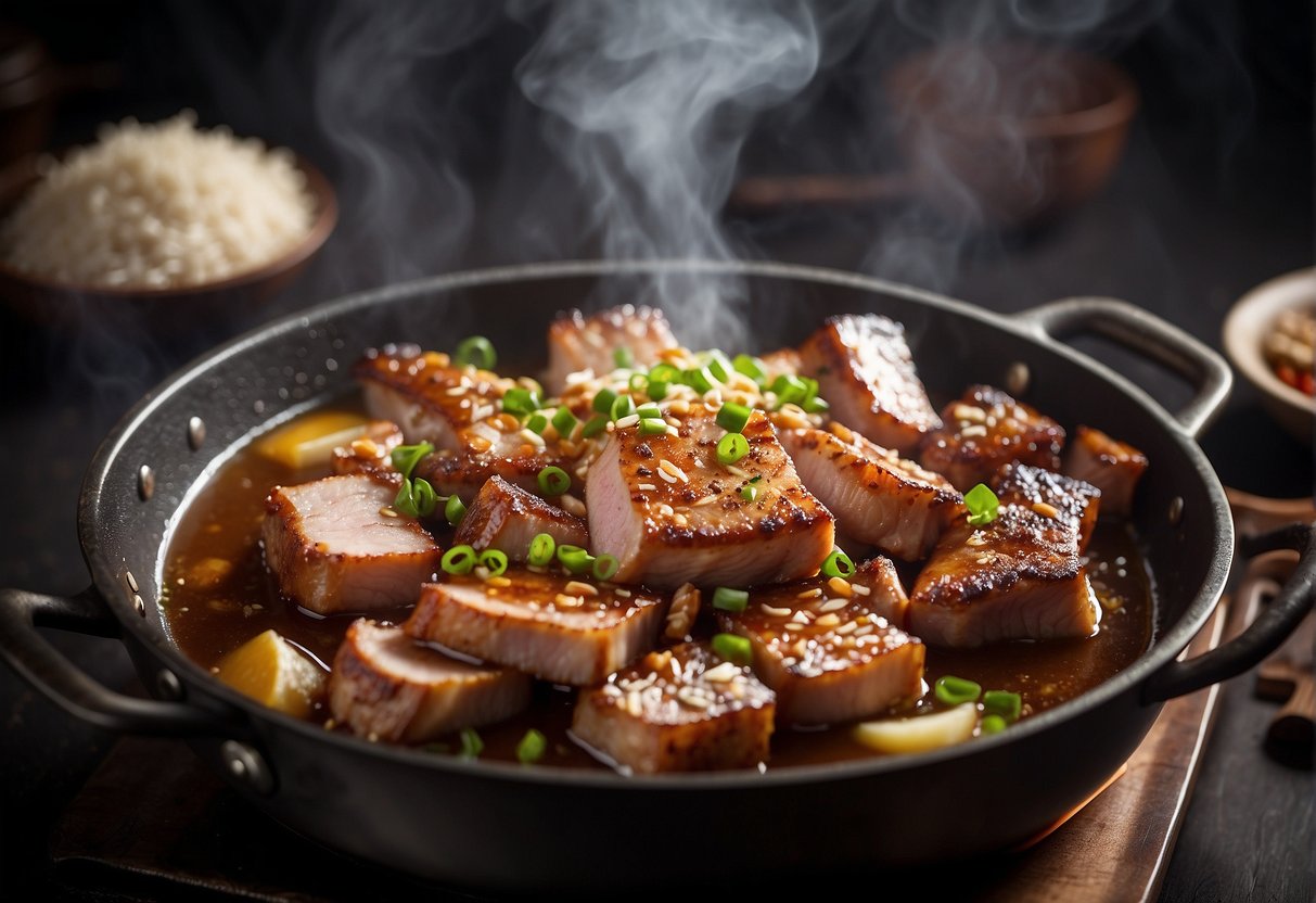 Pork belly sizzling in a wok, surrounded by garlic, ginger, and spices. Steam rising as the meat caramelizes, creating a mouthwatering aroma