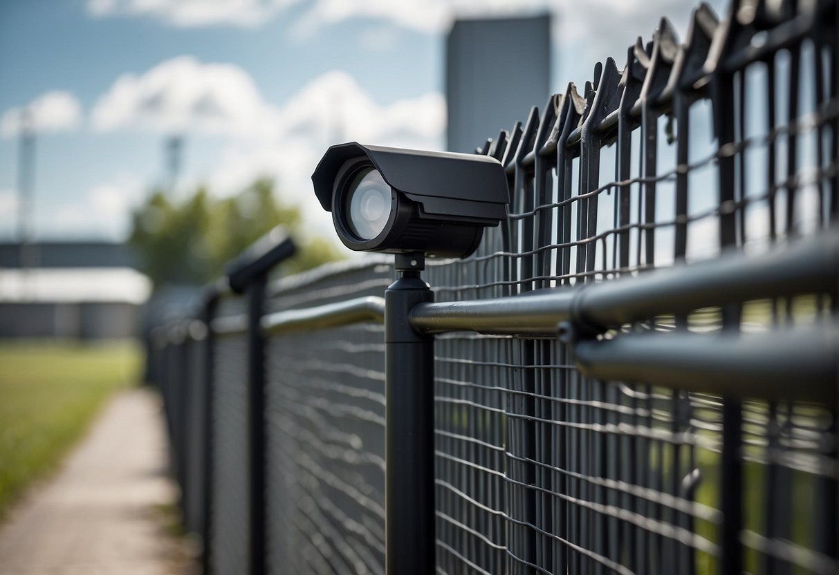 A high fence surrounds the outdoor storage area for ammunition. Security cameras and bright floodlights are installed to monitor and illuminate the space