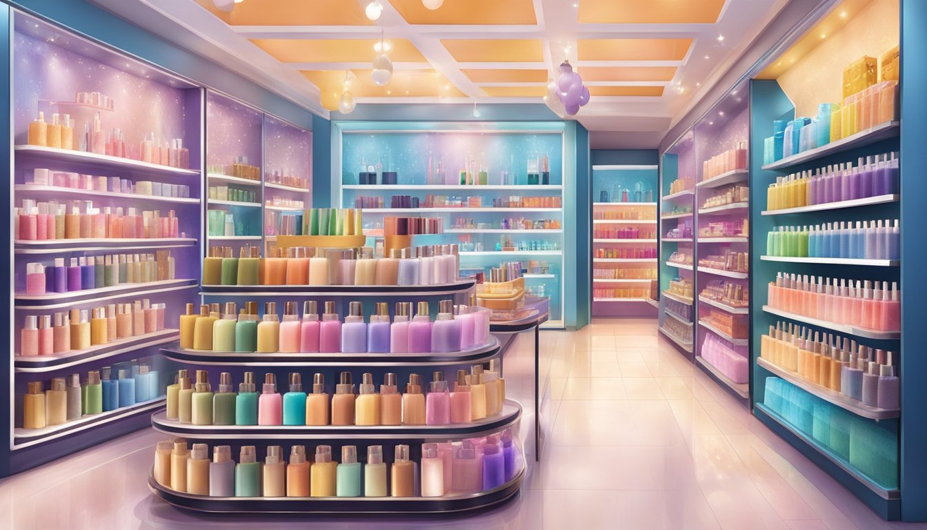 A bustling beauty store in Singapore displays shelves of Majolica Majorca makeup products with bright lighting and colorful packaging