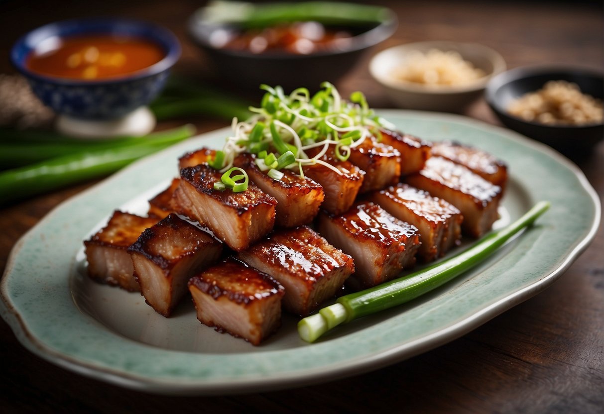 A platter of crispy pork belly with soy glaze, surrounded by fresh scallions, ginger, and chili peppers. A bottle of rice wine and chopsticks nearby