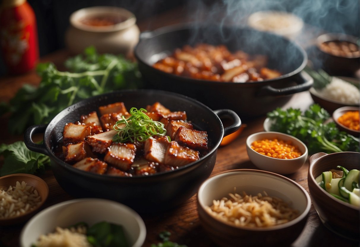 A sizzling pork belly dish with traditional Chinese New Year decorations in the background. A steaming pot and various ingredients are laid out on a kitchen counter