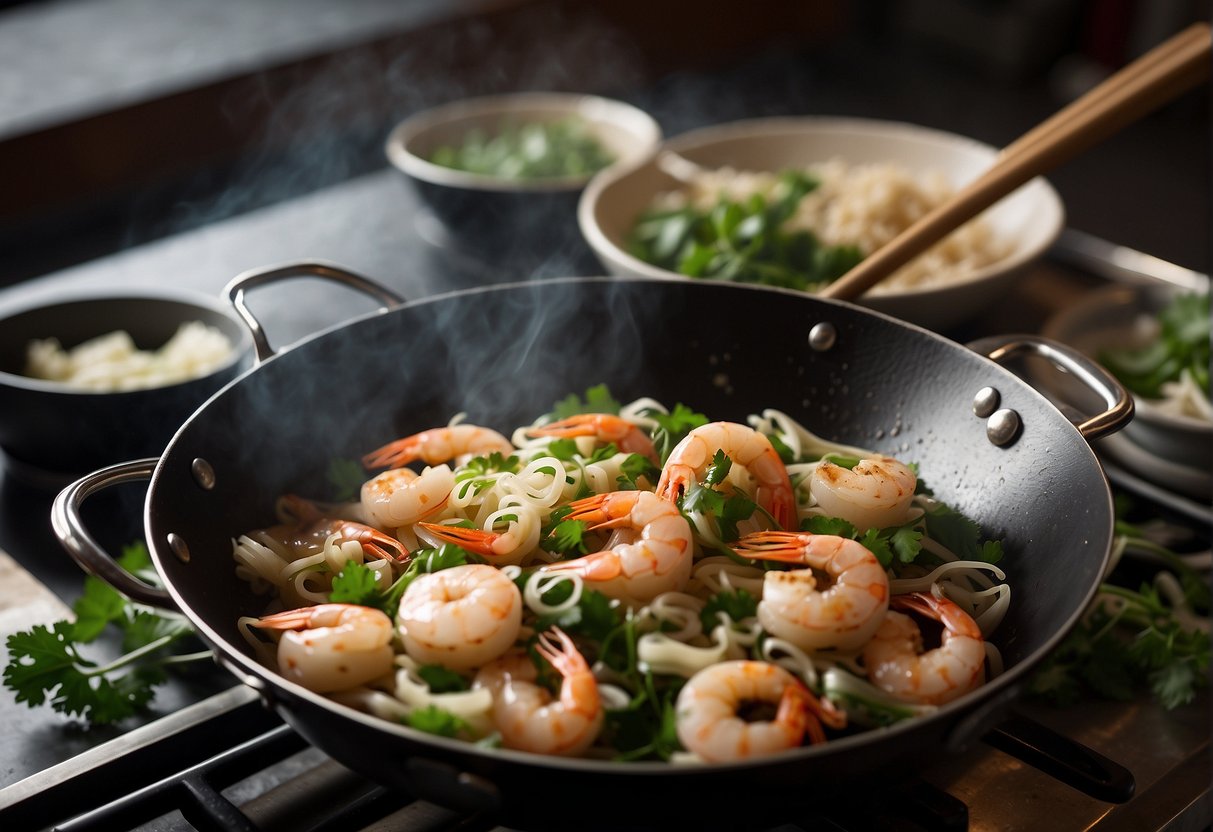 A wok sizzles with prawns stir-frying in soy sauce, ginger, and garlic. A pot of boiling water blanches fresh noodles. Chopped scallions and cilantro wait on a cutting board