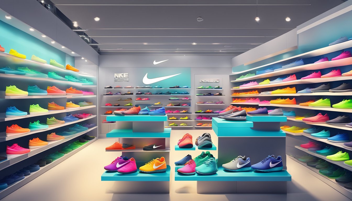 A colorful display of Nike Roshe sneakers in a Singaporean store, with shelves neatly stocked and bright lighting highlighting the shoes