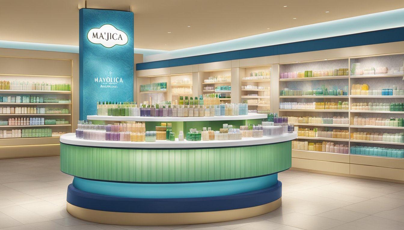 A display of Majolica Majorca products arranged on a sleek, well-lit cosmetic counter in a bustling Singapore shopping mall