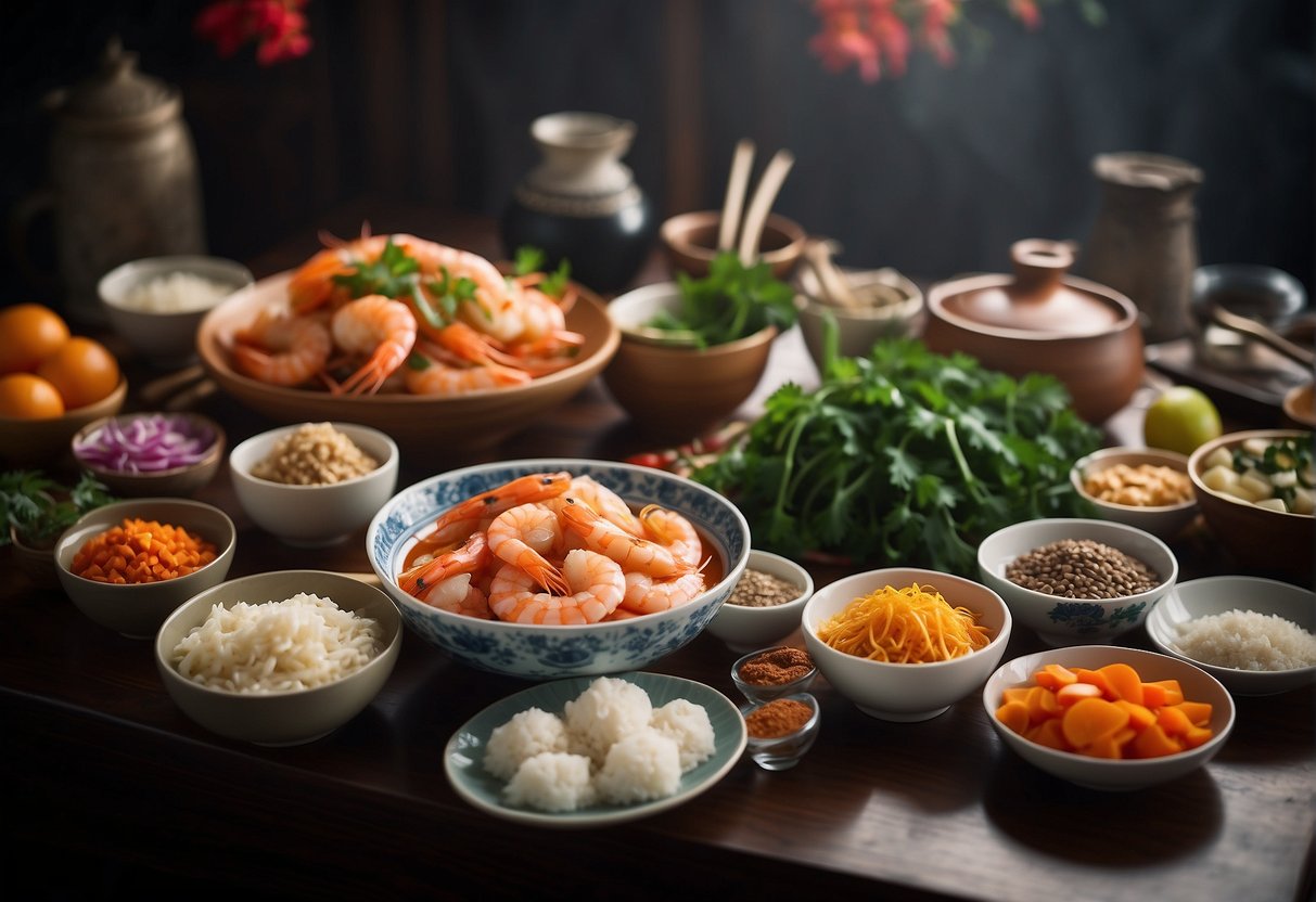 A table set with various ingredients and cooking utensils for making Chinese New Year prawn recipes