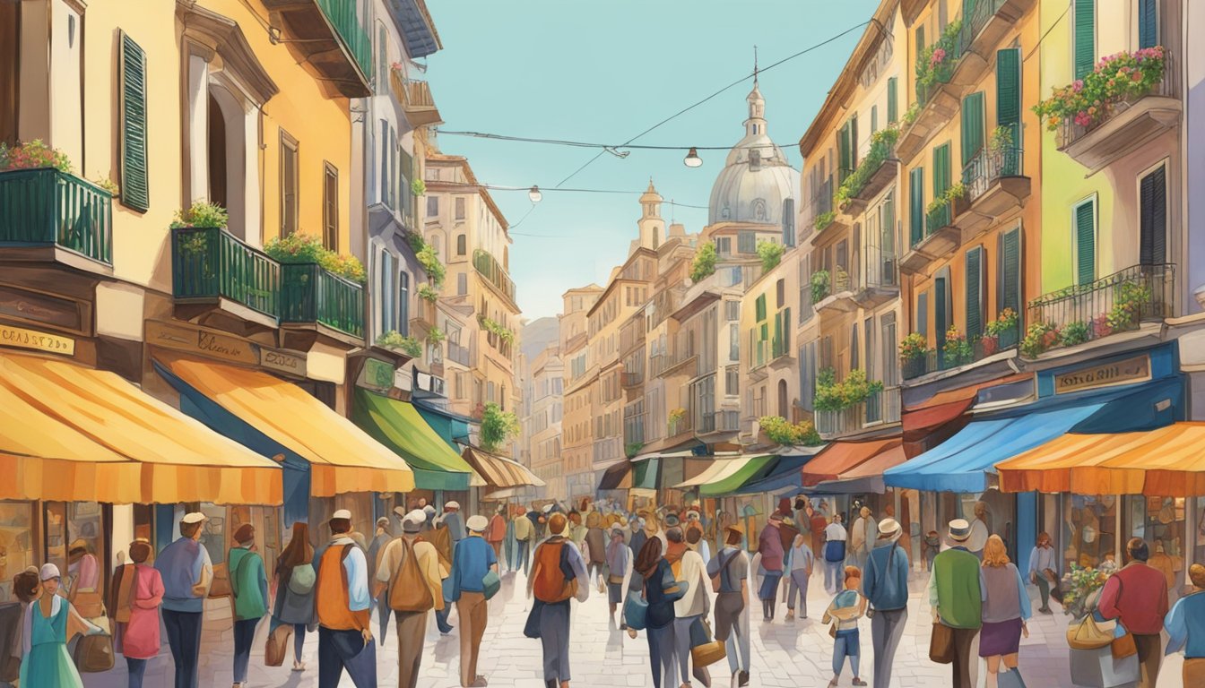 A bustling city street with colorful storefronts, a prominent sign for "Majolica Majorca," and a crowd of people browsing and shopping