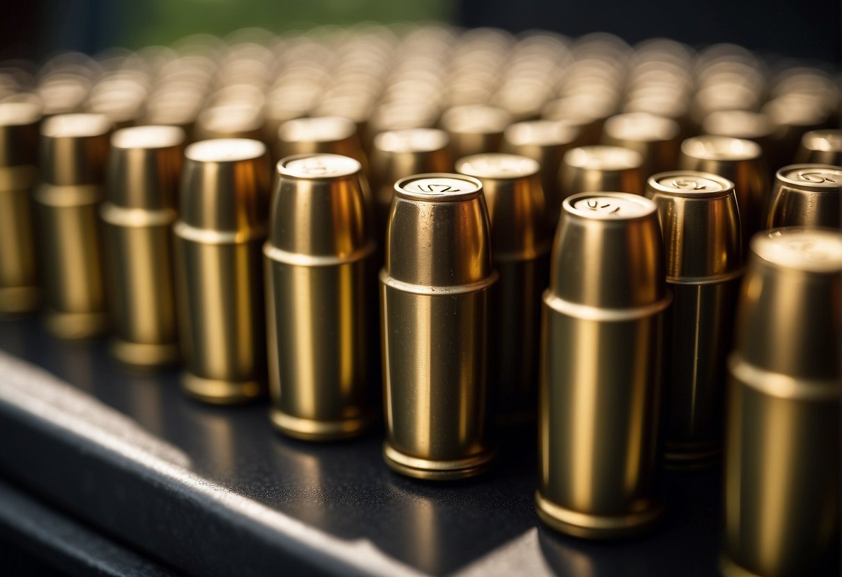 Ammunition lined up in neat rows in outdoor storage area