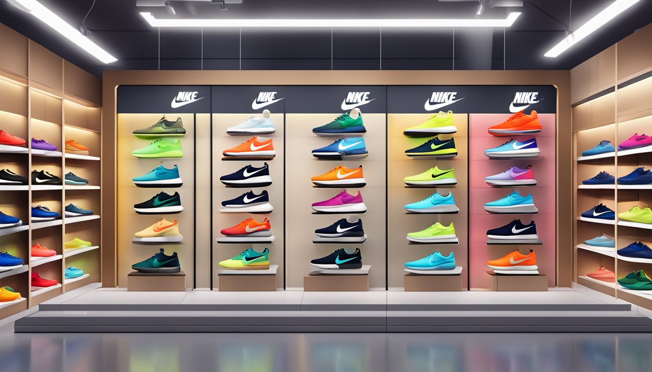 A colorful display of Nike Roshe shoes on shelves in a Singaporean sports store, with bright lighting and clear price tags