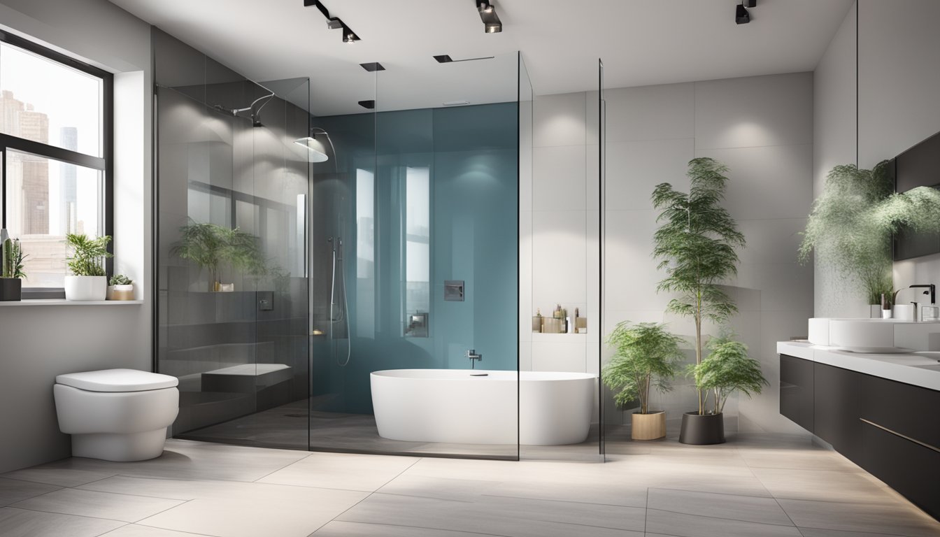 A sleek, modern bathroom with a spacious shower area. A transparent, frameless shower screen adds a touch of elegance and functionality to the space