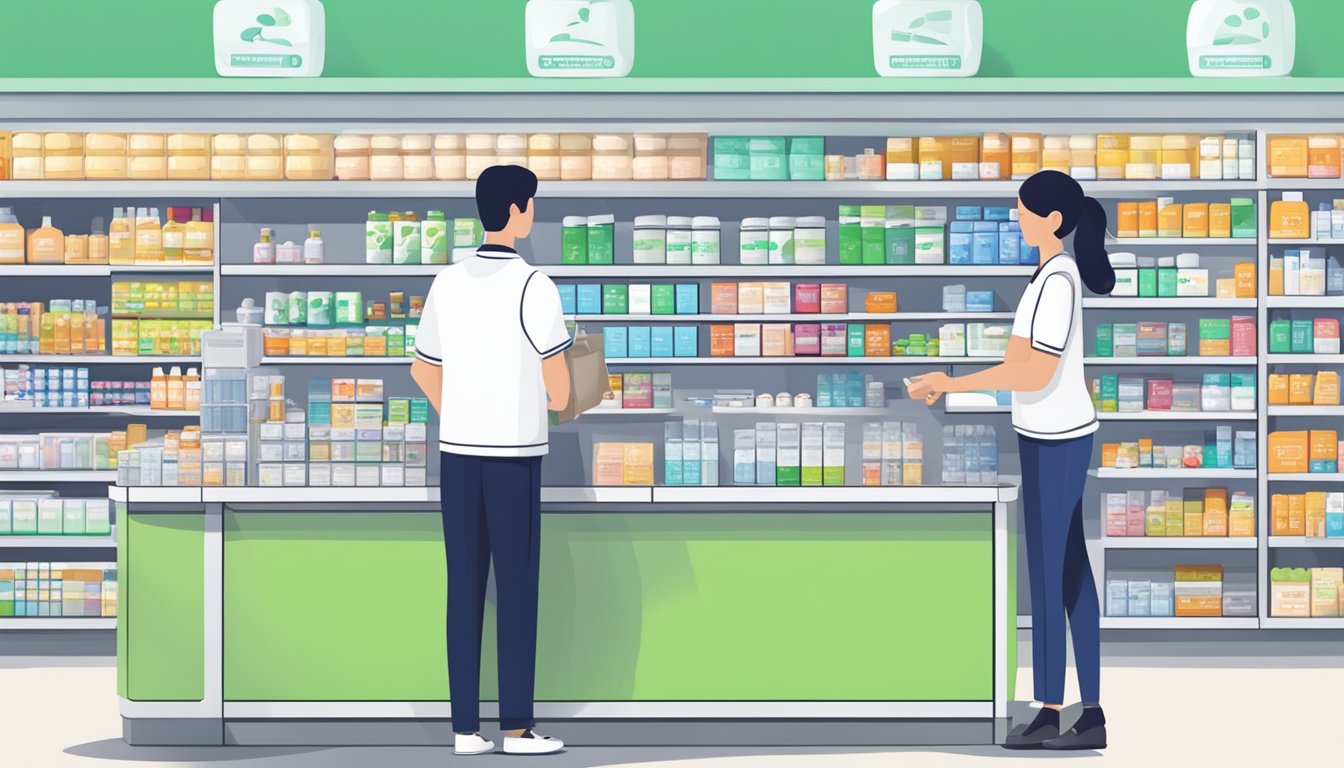 A pharmacy counter with a display of Metformin tablets, a cashier, and a customer making a purchase in Singapore