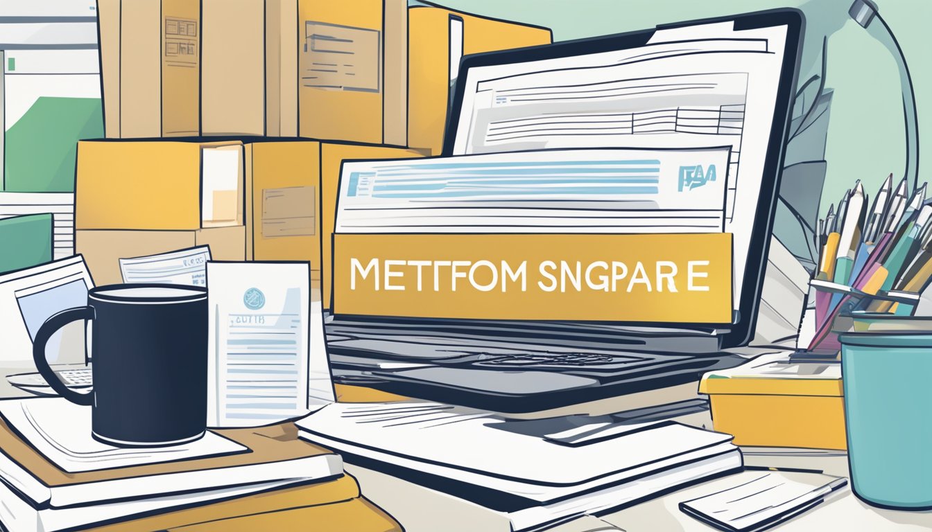 A stack of FAQ papers with "Metformin Singapore Buy" printed on top, surrounded by a computer, pen, and notebook